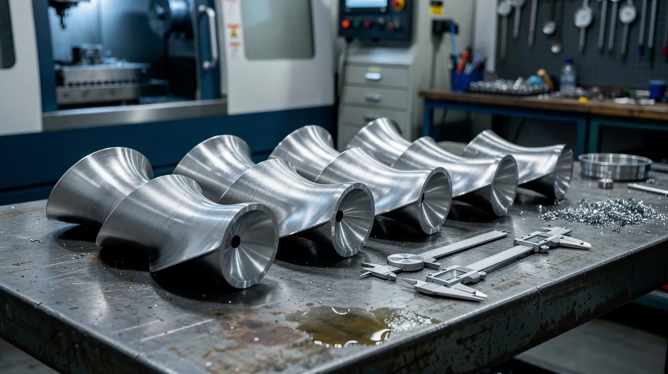 The image shows turbine blades meticulously arranged on a metal workbench within a precision machining workshop, highlighting the intricate aerospace components essential for high-performance jet engines. This setting reflects the capabilities of aerospace CNC machining services, where tight tolerances and complex geometries are achieved for critical engine parts.