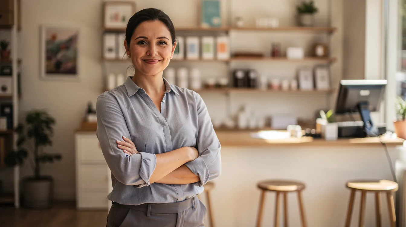 The image features a confident small business owner, radiating success after securing funding for their company to assist with stuff like payroll and inventory. They embody the potential for growth and the effort involved in management, ready to engage with customers and seize new opportunities.