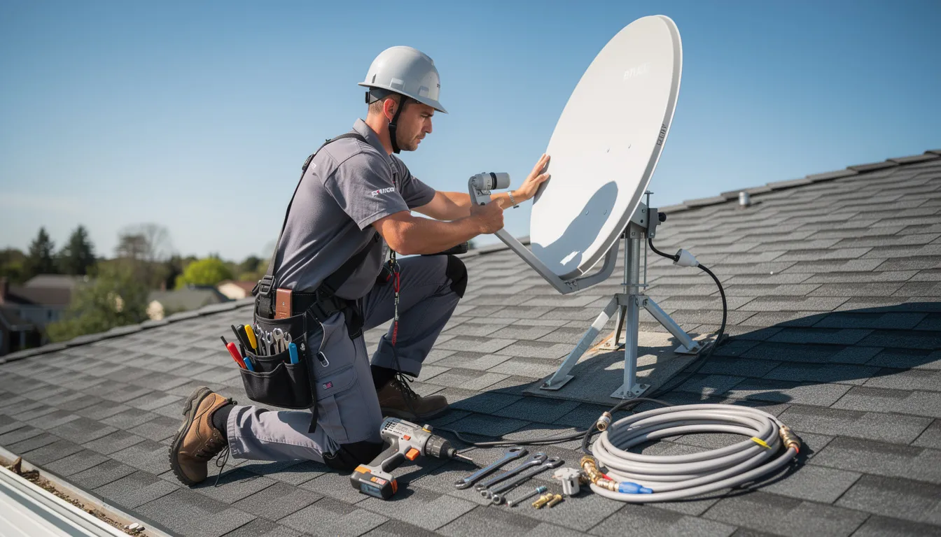 A professional technician is seen carefully installing a satellite dish on a roof, ensuring optimal alignment for the best reception. This skilled installer is part of the trusted dstv installation services, providing high-quality workmanship for residential properties.