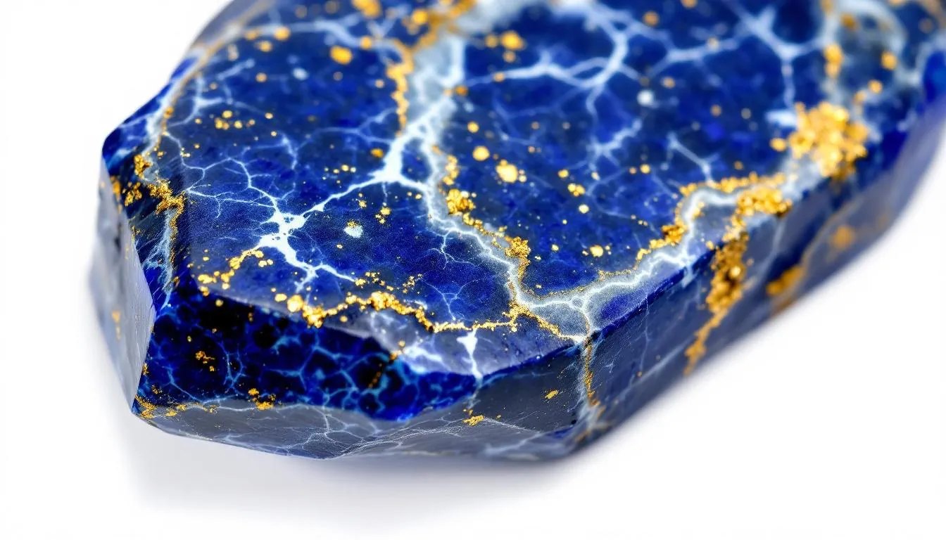 The image features a polished lapis lazuli stone, known for its healing properties that promote wisdom, psychic ability, and spiritual insight. Surrounding it are various healing crystals, including clear quartz and rose quartz, which enhance emotional healing and positive energy.