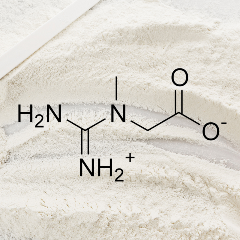 Illustration of the molecular structure of creatine with powder in the background.