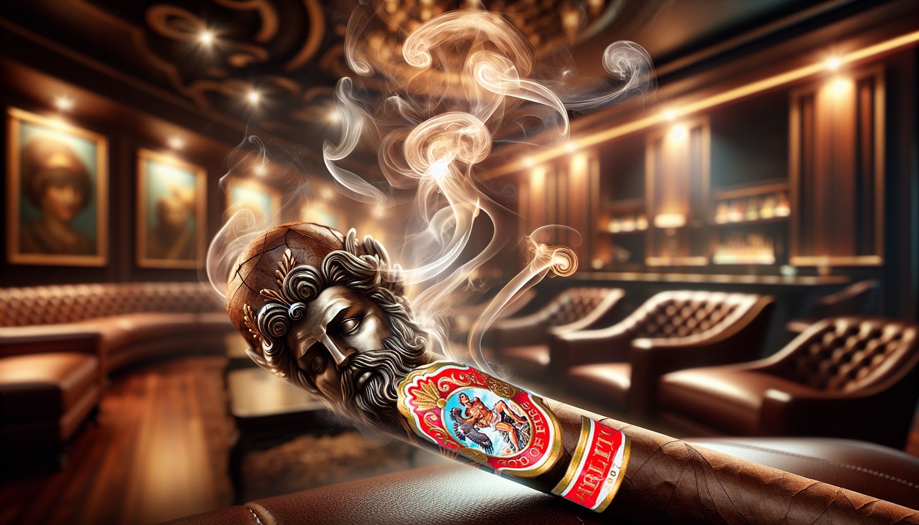 A detailed illustration of the God of Fire by Carlito Diademas 56 cigar.