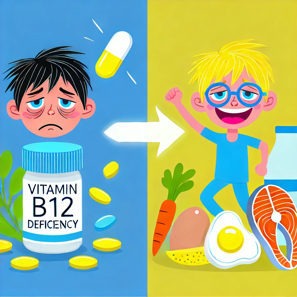 Illustration of B12 deficiency and recovery: fatigued person with B12 supplement bottle on left, energized person with B12-rich foods like fish and eggs on right, symbolizing B12 recovery.