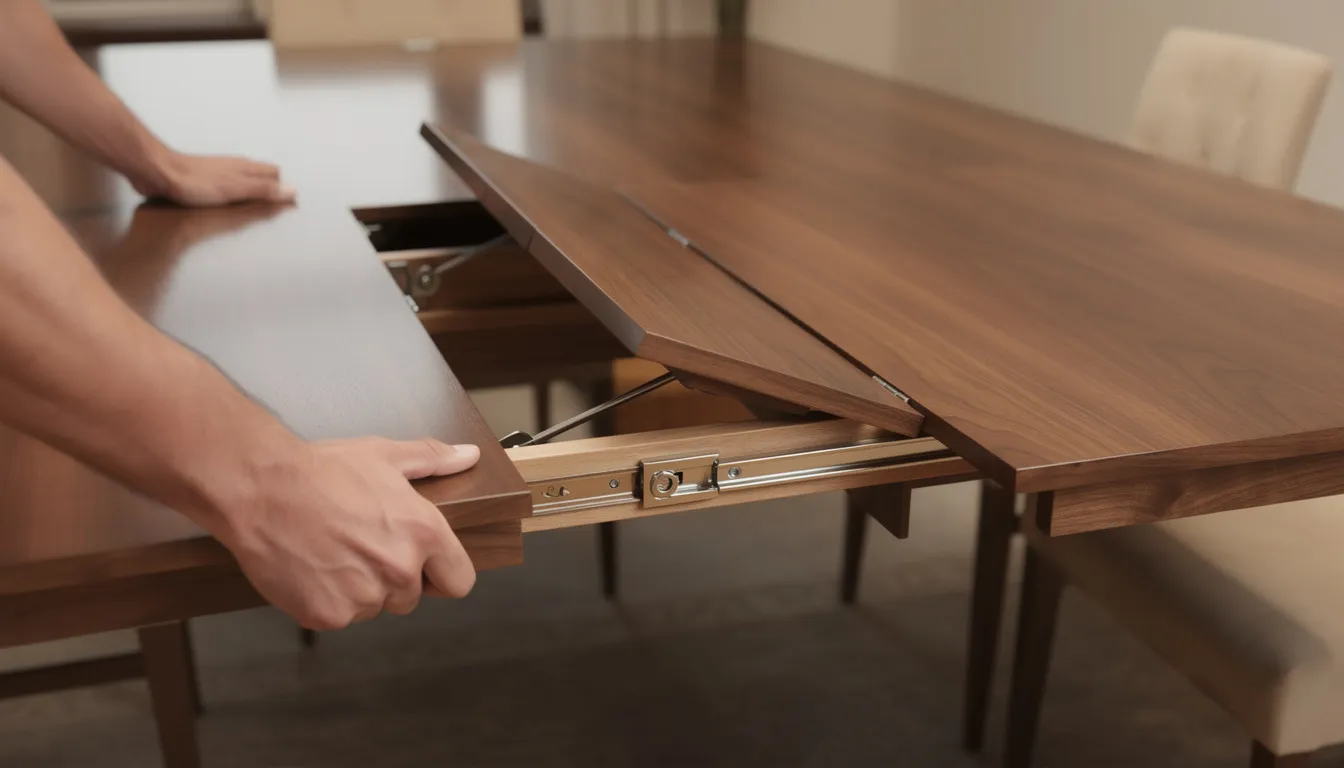 A close-up view shows hands gracefully pulling apart an elegant wooden dining table, revealing a butterfly leaf mechanism that unfolds to create additional seating for large gatherings. This extendable dining table combines functionality and style, making it a perfect choice for everyday dining and special occasions alike.