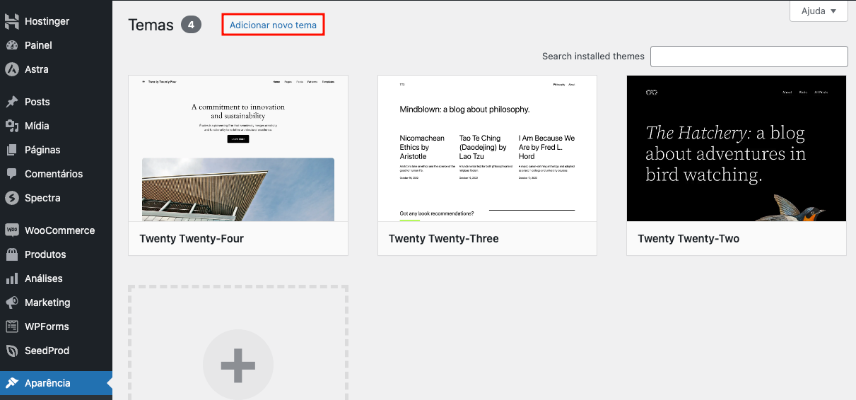 Seção de temas do WordPress, destacando o botão para adicionar um novo tema