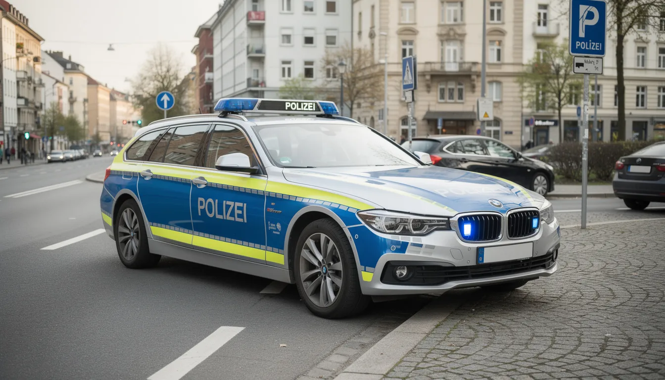 Das Bild zeigt ein Polizeifahrzeug, das auf einer deutschen Straße parkt. Im Hintergrund sind Verkehrsschilder zu sehen, die auf die Regelungen zum THC Grenzwert im Straßenverkehr hinweisen, insbesondere auf die Grenze von 3,5 ng/ml THC.