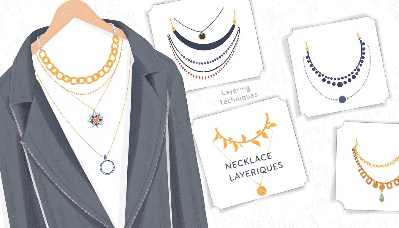 In the image, a beautiful display of layered necklaces showcases a variety of styles, featuring pendant necklaces in gold and silver tones. The necklaces are elegantly stacked at different lengths, enhancing the overall aesthetic and demonstrating essential techniques for layering necklaces effortlessly.