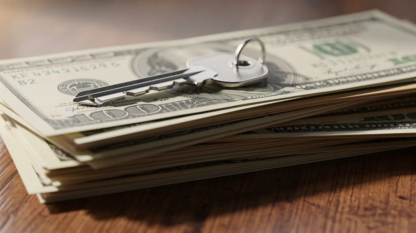 The image features a house key resting atop a stack of US dollar bills on a wooden table, symbolizing the financial aspects of real estate investing, such as down payments for investment properties and potential rental income. This scene reflects the essential elements of purchasing a rental property in the real estate market.