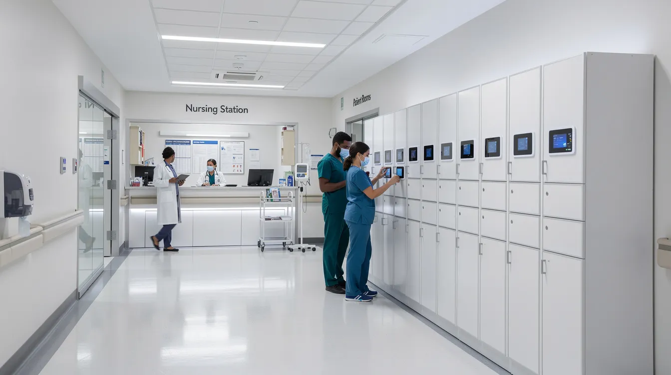 The image depicts modern smart lockers installed in a hospital corridor, adjacent to a nursing station, with medical staff nearby. These smart locker solutions provide secure storage and efficient device access for healthcare professionals, enhancing asset management and device management capabilities within the facility.