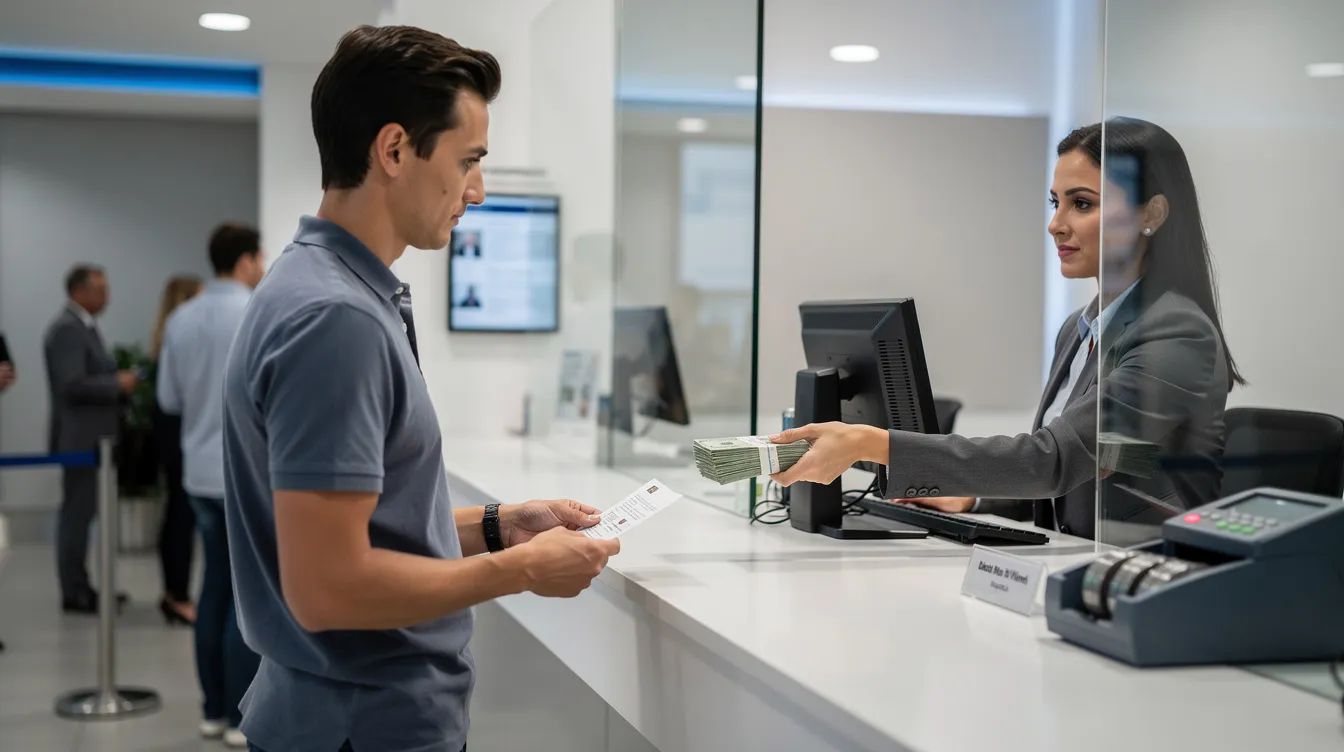A person is standing at a bank counter, holding an ID card and a receipt while collecting cash. The scene captures the process of a client completing a transaction at a financial institution, emphasizing the importance of trust and details in international bank payments.