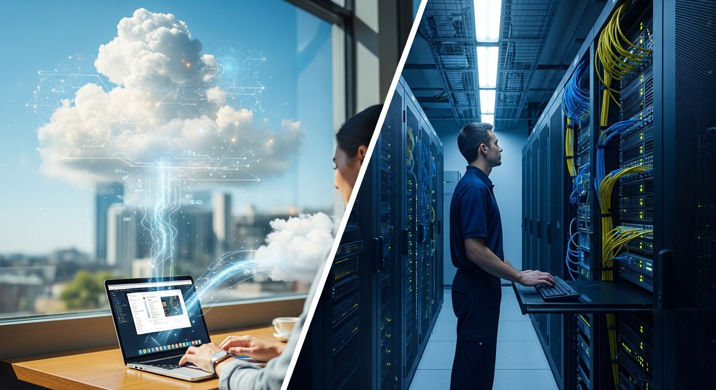 Split visual showing cloud-hosted DaaS on one side and on-premise server room powering VDI on the other.