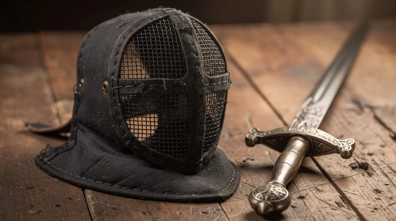 Die Nahaufnahme zeigt eine mittelalterliche Fechtmaske aus schwarzem Stoff, die elegant neben einem kunstvoll geschmiedeten Schwert auf einem rustikalen Holztisch platziert ist. Diese Szene erinnert an die Abenteuer und Kämpfe in "Die Braut des Prinzen", wo Schwertkämpfer wie Inigo Montoya und Westley in einer fantastischen Märchenwelt agieren.