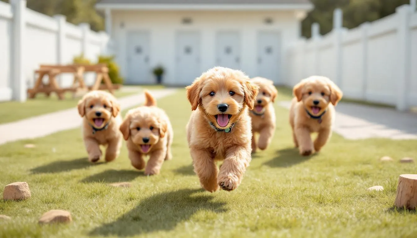 In a clean and well-maintained kennel facility, small goldendoodle puppies are playfully interacting with each other, showcasing their friendly and affectionate nature. These mini goldendoodles, known for their hypoallergenic coats and gentle demeanor, are enjoying their time as they explore their surroundings.