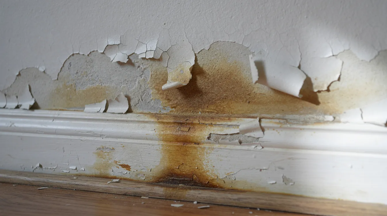 The image shows a close-up view of water stains and peeling paint along a residential interior wall, particularly near the baseboard, indicating potential water damage possibly caused by a hidden leak. The bubbling paint suggests moisture issues that may require immediate attention to prevent further deterioration and mold growth.