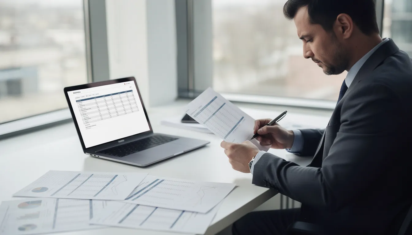 A person is seated at a desk, reviewing financial documents alongside a laptop and scattered papers, which may include credit reports from various consumer reporting agencies. The scene suggests a focus on understanding their credit history and preparing for potential employment screening or tenant screening processes.