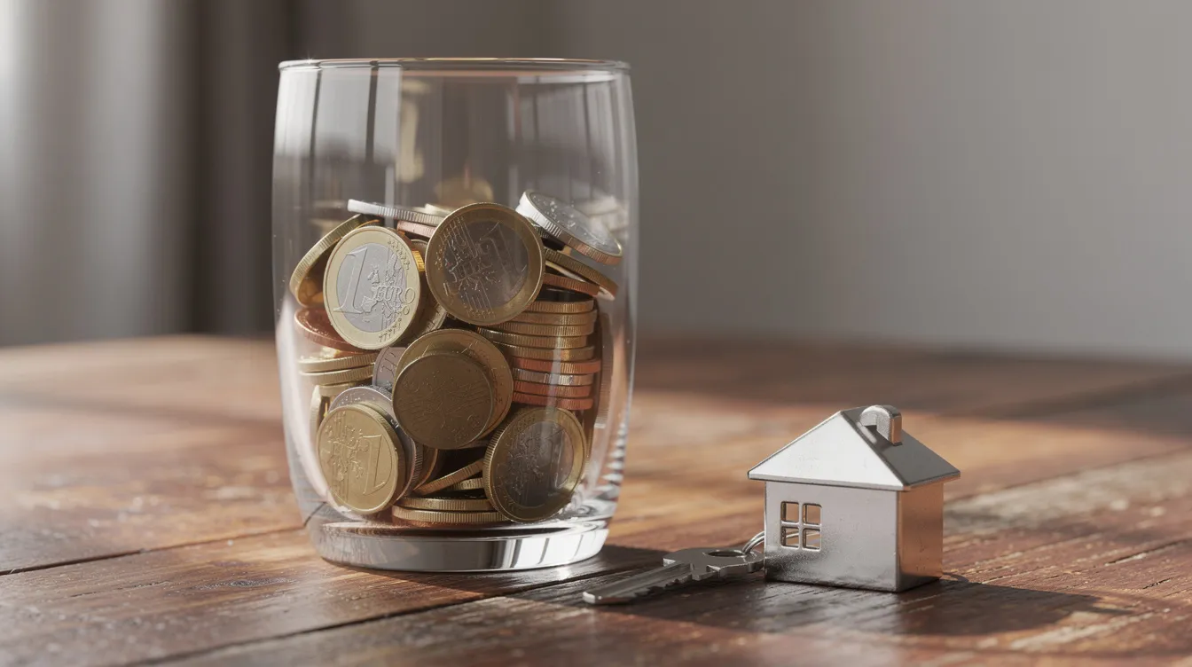 Ein Glas mit Münzen steht auf einem Holztisch, daneben liegt ein kleiner Hausschlüssel. Diese Anordnung symbolisiert die Bedeutung von Eigenkapital beim Hauskauf, das für die Immobilienfinanzierung entscheidend ist.