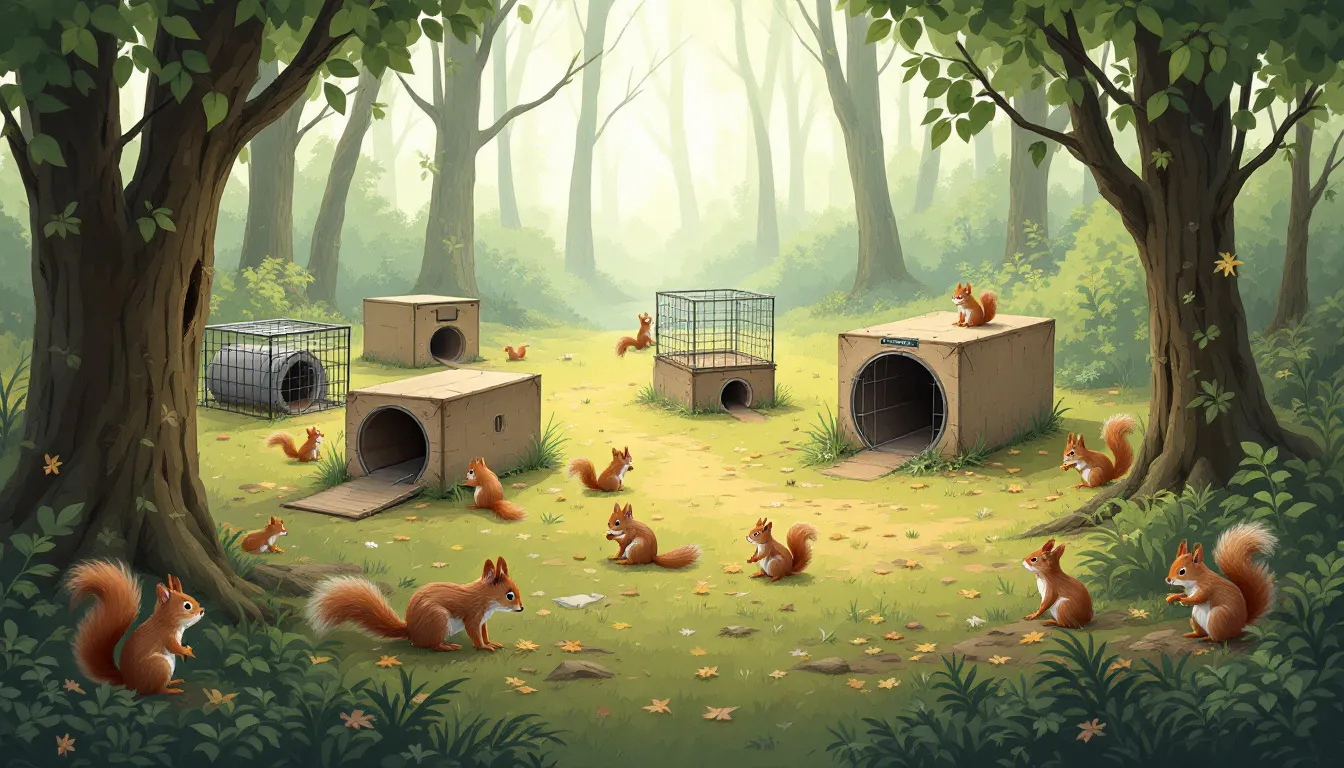 An illustration showing various humane trapping methods for squirrels.