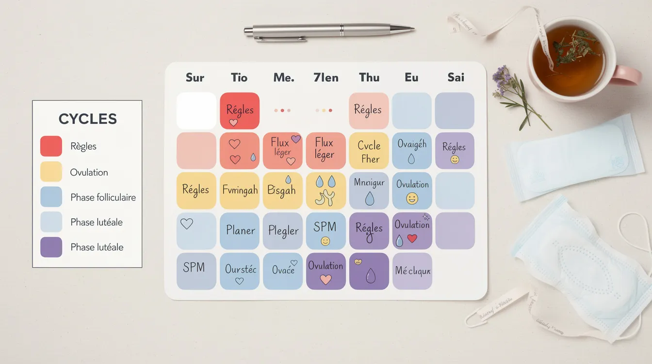 L'image montre un calendrier de suivi du cycle menstruel, orné d'annotations colorées qui mettent en évidence les différentes phases du cycle, y compris l'épaisseur de l'endomètre et les périodes de fertilité. Ce calendrier permet aux femmes de mieux comprendre les variations de leur corps tout au long du mois.