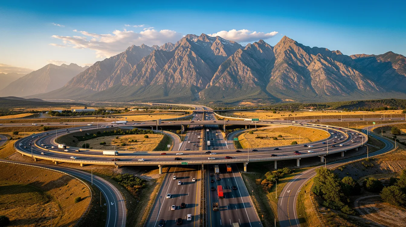 The image depicts a busy highway interchange with multiple lanes weaving together, set against a scenic backdrop of majestic mountains. This vibrant scene illustrates a key route for auto transport services, highlighting the importance of efficient car shipping options in picturesque locations like Idaho.