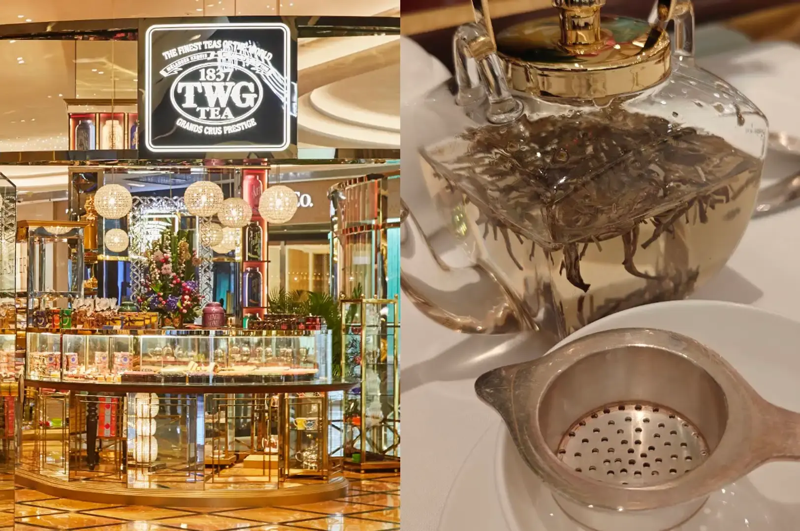 A split-screen composition showcasing the opulent gold-accented storefront of TWG Tea on the left under sparkling chandeliers, paired on the right with a close-up of a clear glass teapot filled with loose tea leaves steeping in hot water next to a silver tea strainer placed over a white saucer.