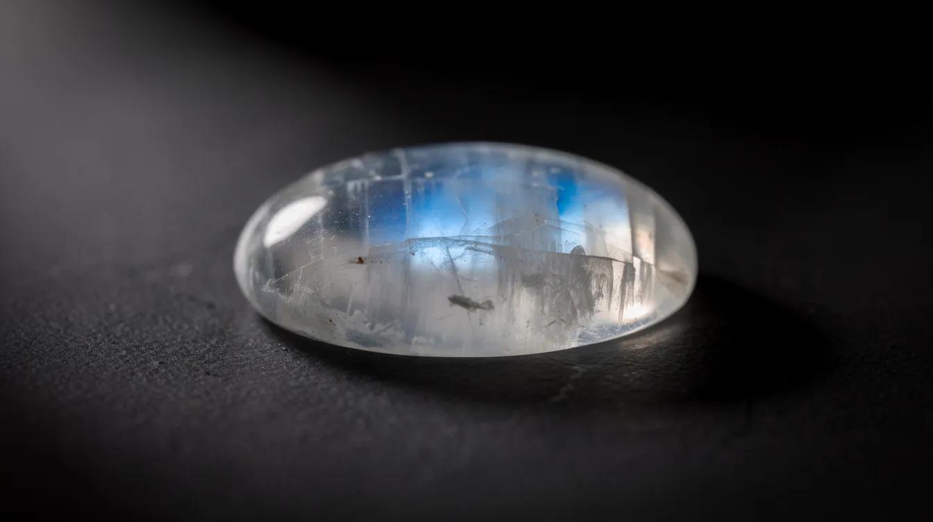 A close-up photograph showcases a polished moonstone cabochon, revealing its stunning blue adularescence against a dark background. This captivating gem, one of the traditional June birthstones, is often associated with mental clarity and is a popular choice for June birthdays and wedding gifts.