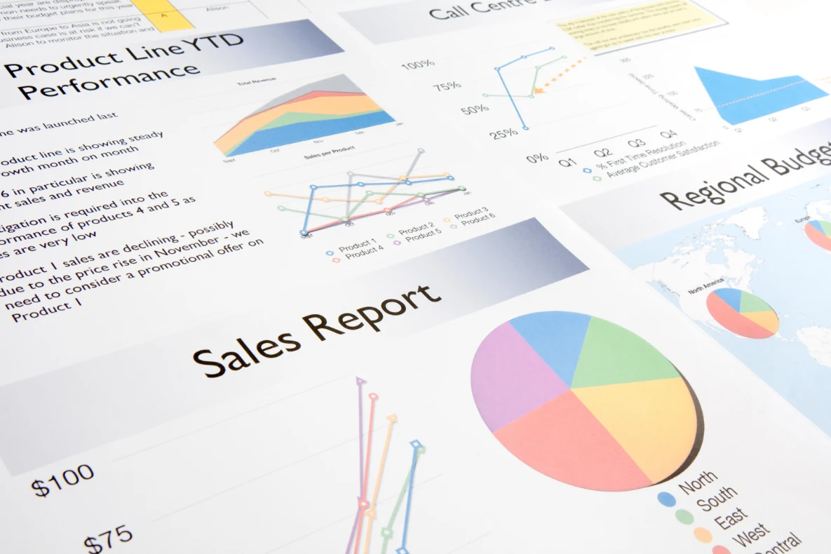 A collection of professional business valuation reports including product line performance, sales reports, and regional budgets.