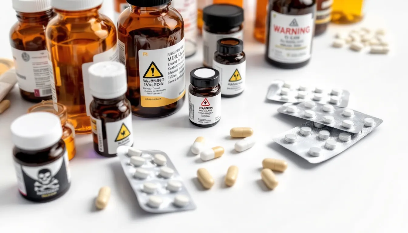 The image features an arrangement of various medicine bottles and dietary supplements, including glucosamine and chondroitin, accompanied by warning symbols indicating caution. This setup highlights the importance of understanding joint health and the potential effectiveness of supplements in managing arthritis symptoms and easing joint pain.