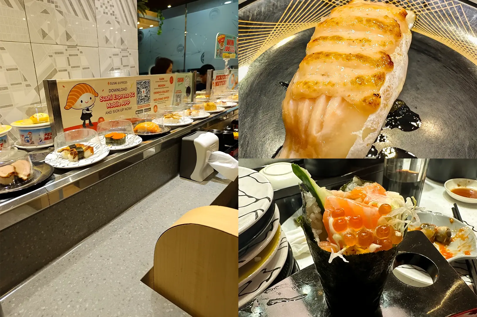 Eye-level wide-angle view. Left: Conveyor-belt sushi restaurant interior with covered sushi plates moving along a stainless-steel belt, countertop seating, textured geometric wall tiles, menu signage, and bright indoor lighting reflecting off metal surfaces. Upper Right: Close-up view of seared salmon sushi on a dark patterned plate, featuring caramelized grill marks, glossy sauce, and visible fish texture under warm lighting. Lower Right: Close-up view of a salmon and ikura handroll filled with shredded vegetables, salmon slices, and orange salmon roe, presented on a table beside stacked plates and dining utensils, highlighting contrasting textures and vibrant colors.