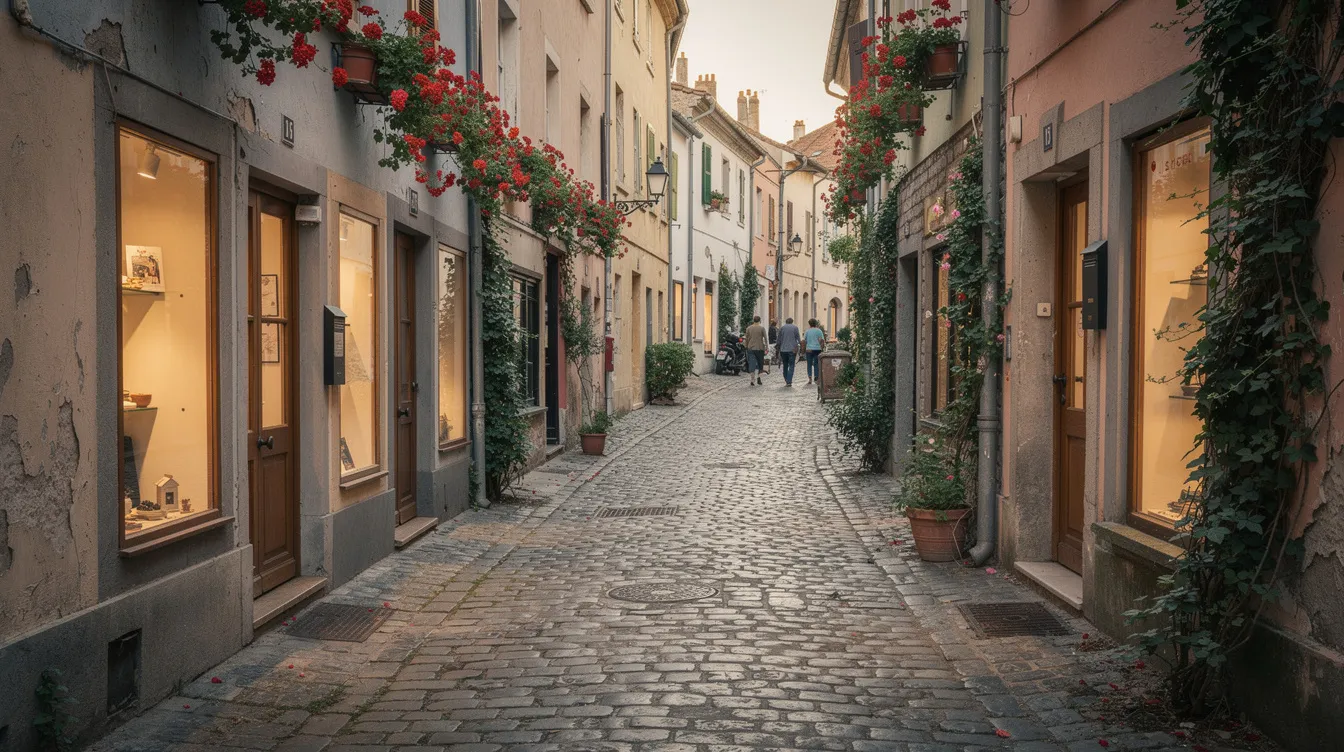 En kullerstensgata med små butiksskyltfönster och blomlådor pryder en äldre stadsdel i Göteborg, där inredningsbutiker i Haga erbjuder unika och personliga detaljer för hemmet. Gatan är livlig och inbjuder besökare att utforska de charmiga butikerna som ligger på Vallgatan och Haga Nygata.