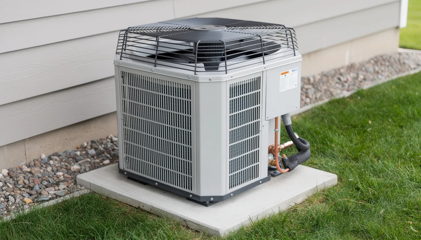 The image depicts a modern outdoor unit of a split system HVAC, featuring clean fins and a protective cage, designed for efficient heating and cooling. This energy-efficient air conditioning system is essential for providing fresh air and maintaining comfortable indoor temperatures.