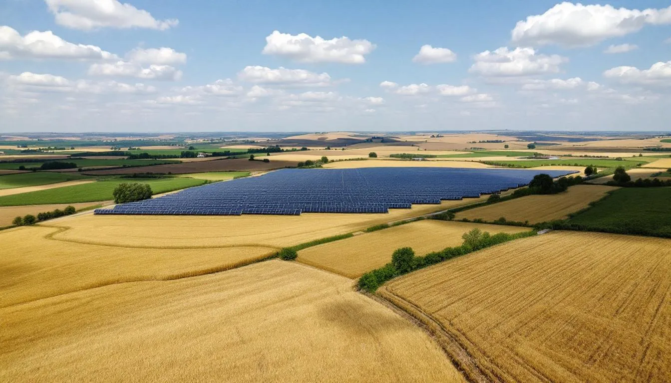 Une vue aérienne montre de vastes terres agricoles, idéales pour l'installation de panneaux solaires, soulignant le potentiel de l'énergie solaire photovoltaïque dans la région. Ce site représente une opportunité pour le développement de projets d'énergies renouvelables au Québec.