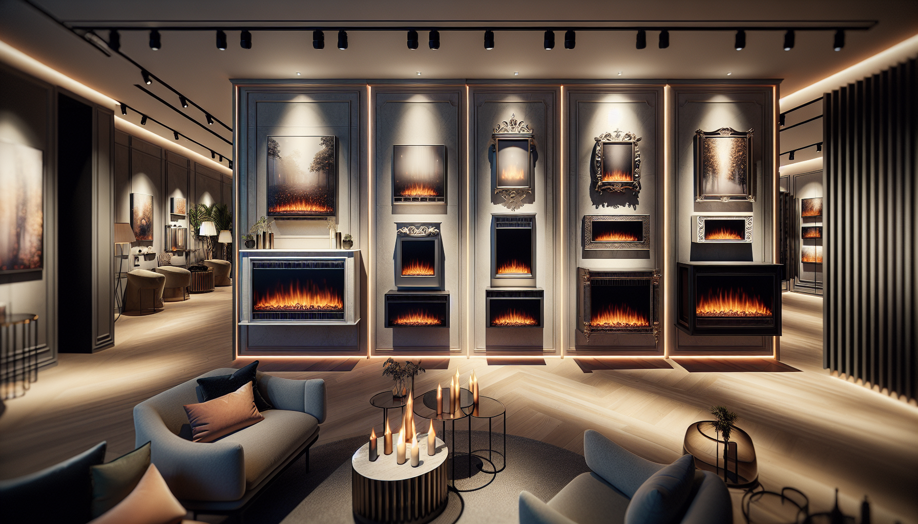 Popular models of media wall electric fires displayed in a stylish setting.