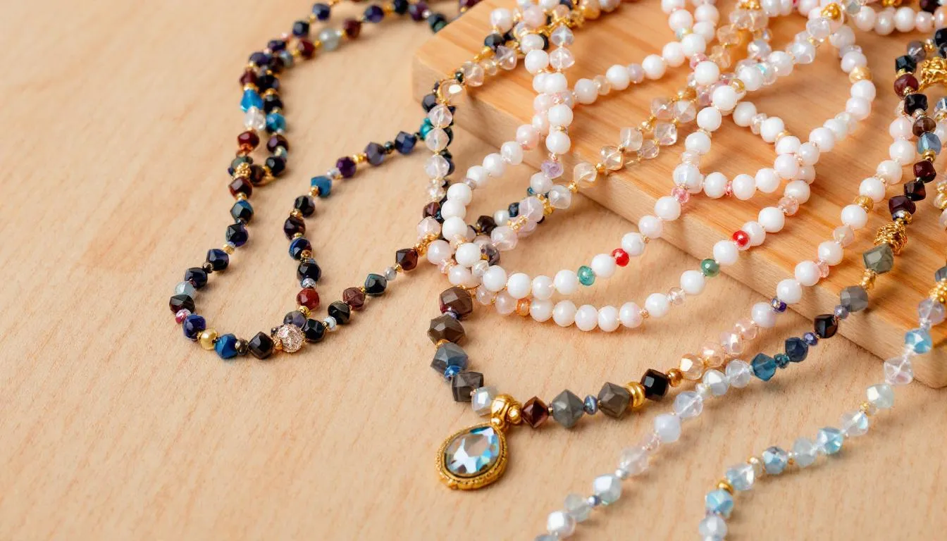 The image features an elegant display of beaded necklaces and bracelets, showcasing a variety of colors and materials including pearls, turquoise, and semi-precious stones like topaz and aquamarine. These unique pieces are arranged in a jewellery box, highlighting their versatility for layering and creating a stylish look.