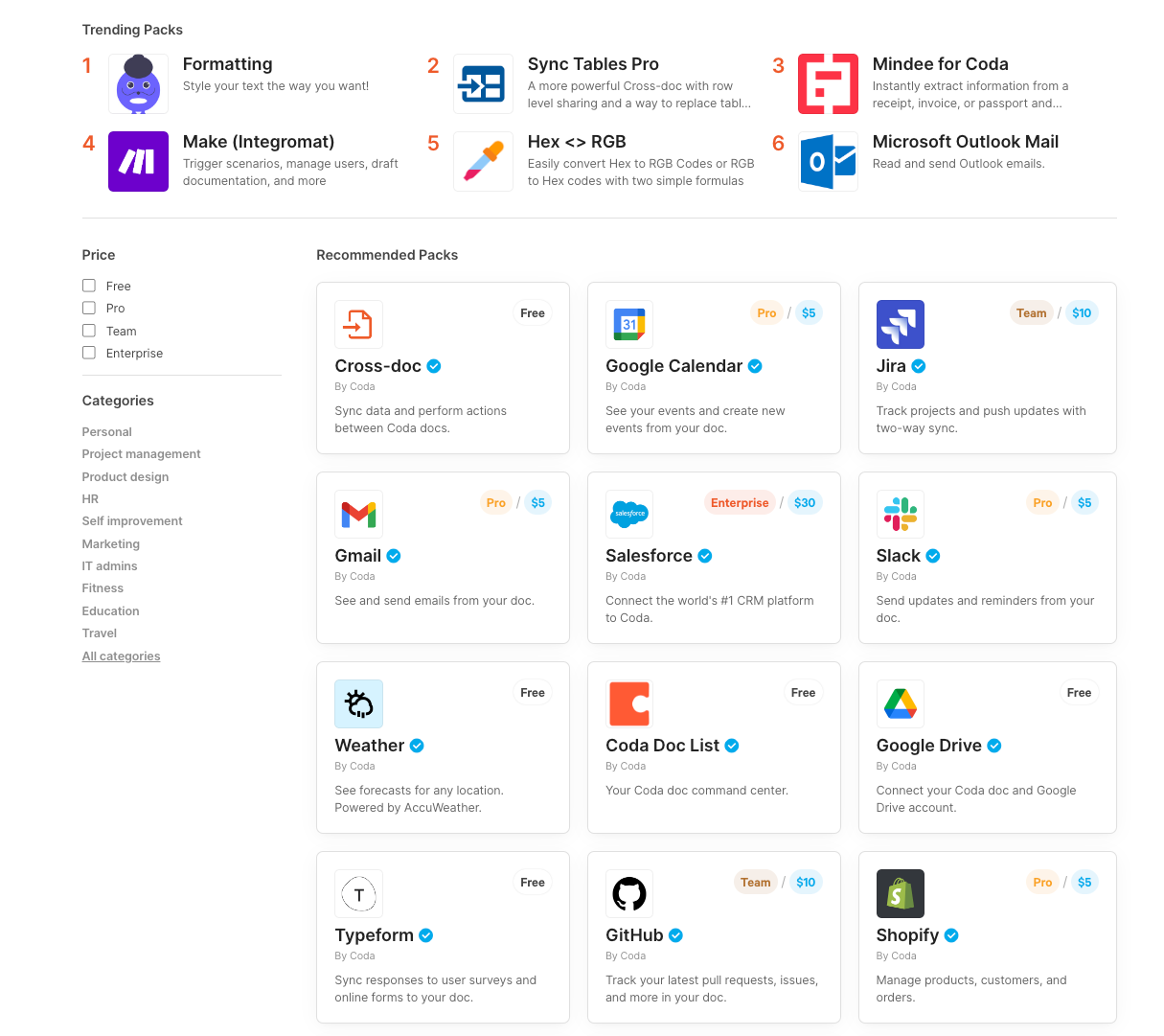 Examples of some of Coda's Packs