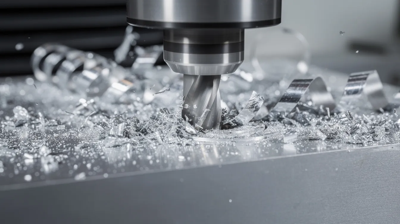 A close-up view of a CNC spindle actively cutting into a block of aluminum, with bright silver chips curling away from the cutter. The image highlights the precision of the machining process, showcasing the spindle speed and the effectiveness of chip evacuation in achieving a smooth surface finish.