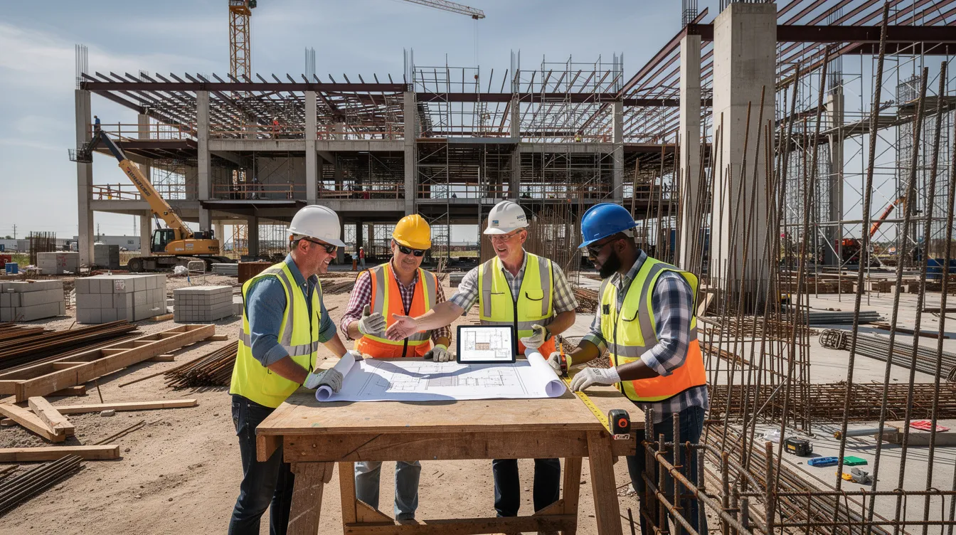 A construction crew collaborates on a commercial building site, surrounded by steel framing and concrete structures, highlighting the importance of labor productivity and teamwork in the construction industry. The image captures workers engaged in various tasks, emphasizing the growth and innovation within construction projects.