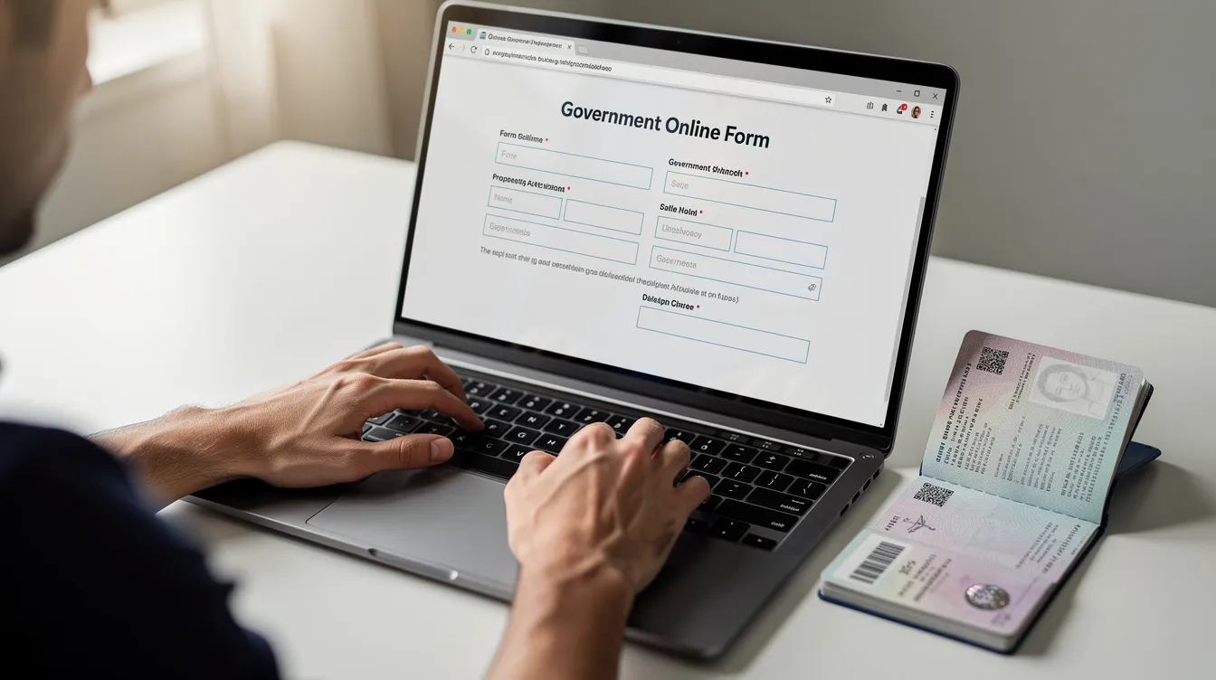 A close-up image shows a person focused on their laptop, filling out an online government form related to their immigration status, with a passport placed beside them as a physical document. This scene highlights the importance of accessible digital processes for applying for UK visas and managing immigration details.