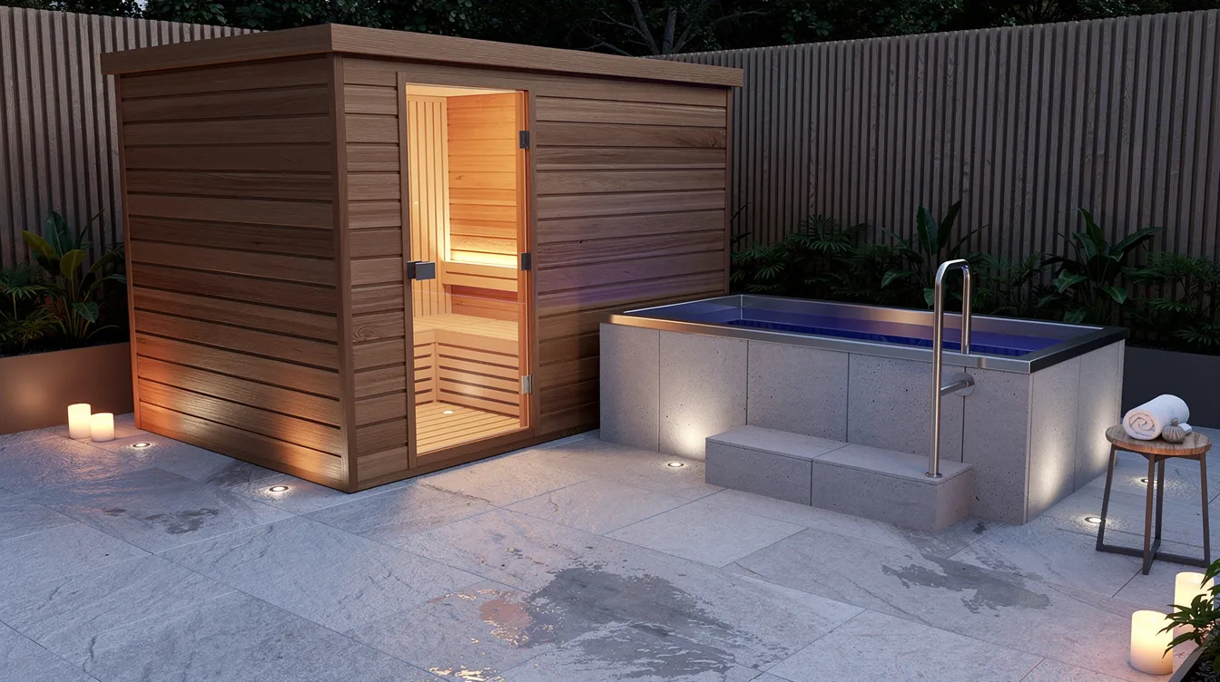 The image depicts a serene home wellness space featuring a wooden sauna cabin next to a modern cold plunge tub, set on a stone patio. This inviting setup encourages cold water immersion and promotes a wellness routine that enhances mood, recovery, and overall mental resilience.