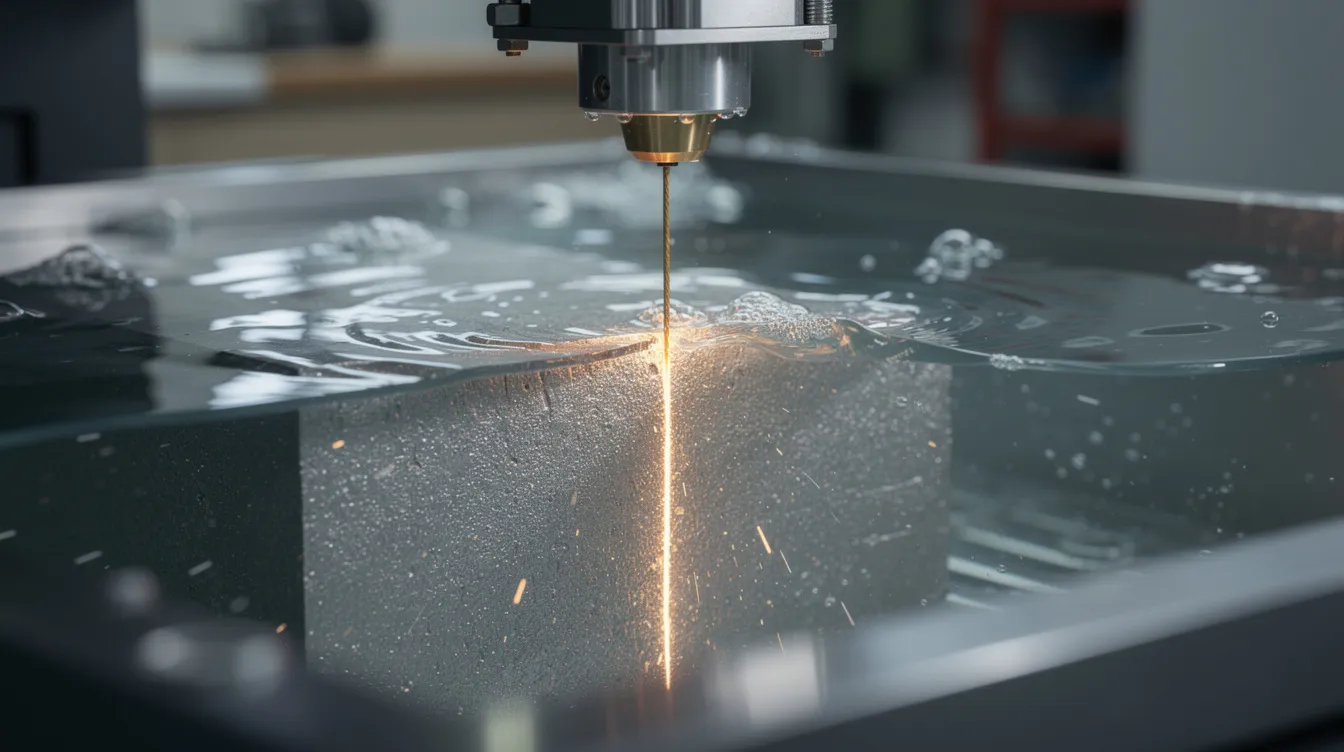 The image shows a close-up view of a wire EDM (Electrical Discharge Machining) machine, featuring a thin wire cutting through a block of hardened tool steel while submerged in dielectric fluid. This modern CNC machine utilizes computer numerical control technology to achieve precise cuts, highlighting its role in the manufacturing process for creating complex geometries.