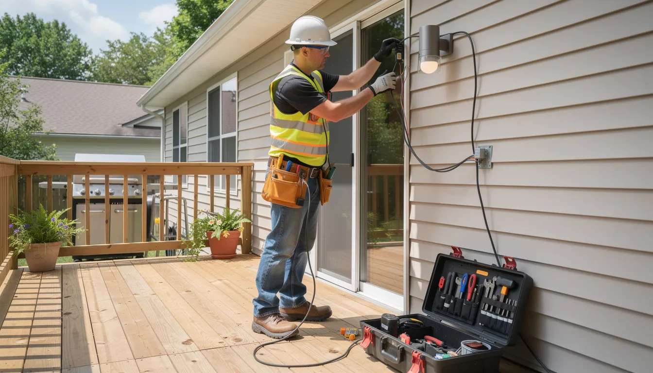 An electrician in safety gear is carefully installing an outdoor light fixture on a residential deck, ensuring compliance with New Zealand electrical regulations. This outdoor lighting installation enhances the safety and aesthetics of the space, providing quality service for all your outdoor lighting needs.