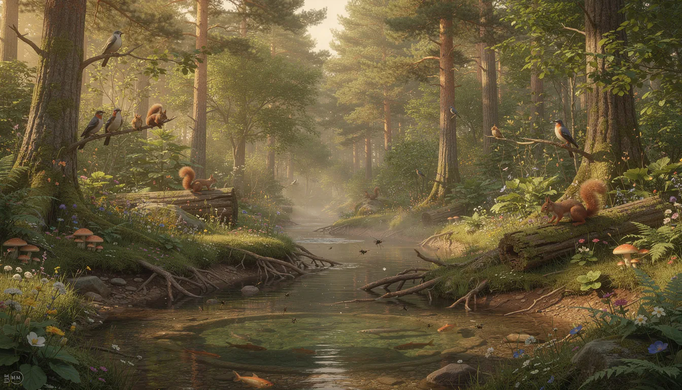 The image depicts a serene nature scene showcasing an interconnected forest ecosystem, where towering trees and lush greenery create a peaceful environment that invites spiritual reflection and a heightened awareness of the beauty of life. This harmonious landscape embodies the essence of human values and the divine presence found in nature, promoting a deep sense of spiritual growth and personal awakening.