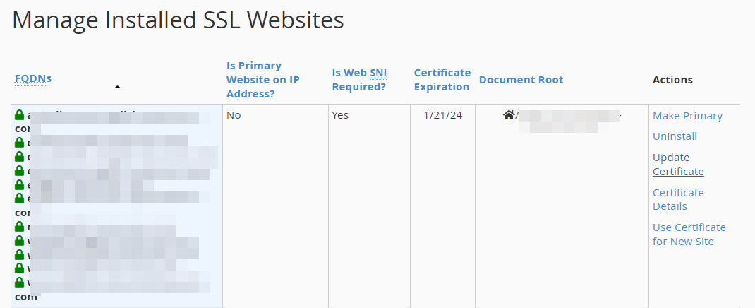 Managing installed SSL certificates in cPanel.