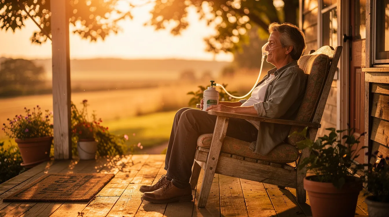 The image shows a person sitting comfortably on a sunlit porch, holding a portable oxygen tank, which suggests they may be managing a respiratory condition such as chronic obstructive pulmonary disease (COPD). The warm scenery around them highlights the daily life challenges faced by individuals with respiratory disorders, who often rely on supplemental oxygen for better breathing.