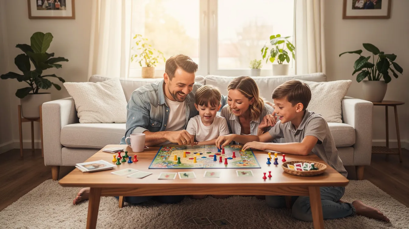 A family of four is gathered around a table in a bright living room, joyfully playing a board game that encourages critical thinking and creativity. This engaging activity not only strengthens family bonds but also helps keep the children's minds active during the school holidays.