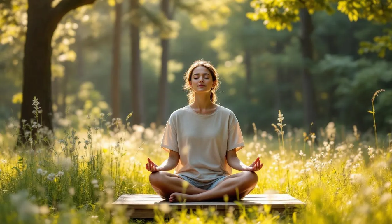 A person is seated cross-legged on a grassy hill, practicing mindfulness meditation surrounded by lush trees and a serene landscape. This peaceful natural setting promotes mental well-being, offering a moment of self-care to address feelings of emotional emptiness and cultivate a sense of inner peace.