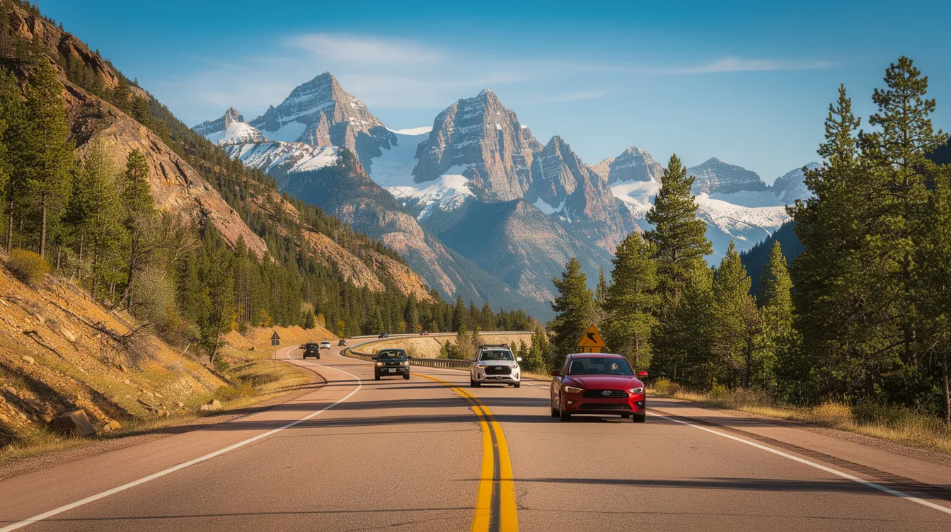 The image depicts a scenic Colorado mountain highway under clear blue skies, with several vehicles traveling along the road. This picturesque view highlights the beauty of the landscape, often traversed by those seeking adventure or commuting, reminding us of the importance of safe driving to prevent traumatic brain injuries in car accidents.