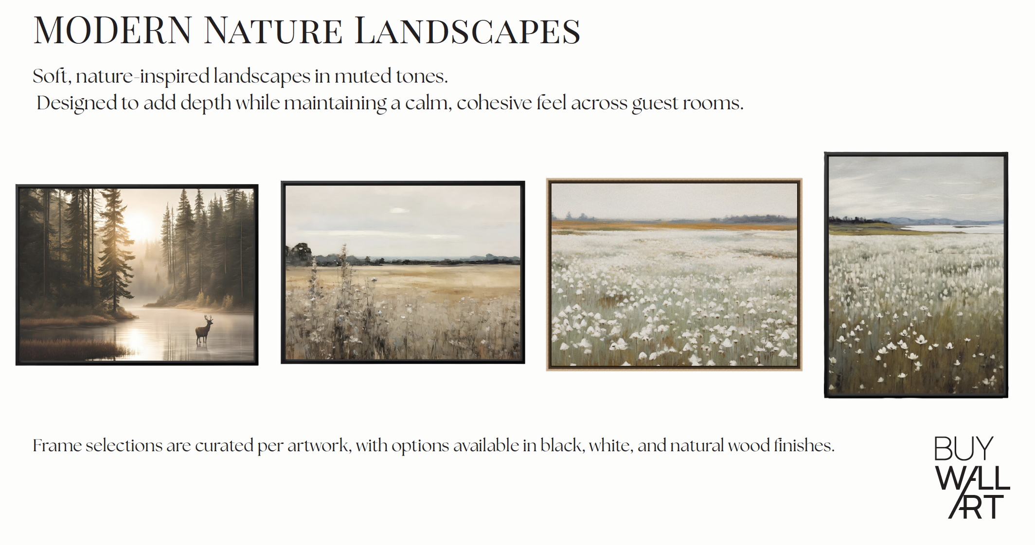 Curated set of soft, nature-inspired landscapes in muted tones. Designed to add depth while maintaining a calm, cohesive feel across hotel guest rooms.