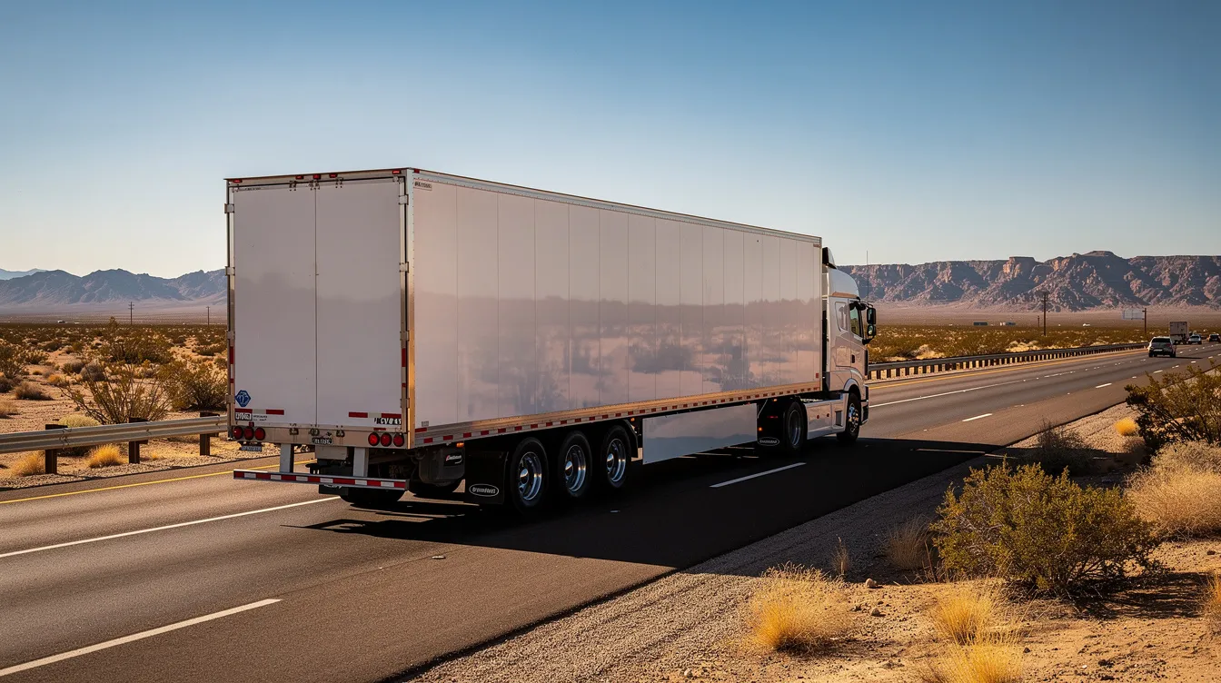 An enclosed auto transport trailer is seen traveling along a highway, surrounded by a vast desert landscape typical of northern New Mexico. This vehicle is part of a reliable car shipping service, ensuring safe transport for luxury cars and other vehicles.
