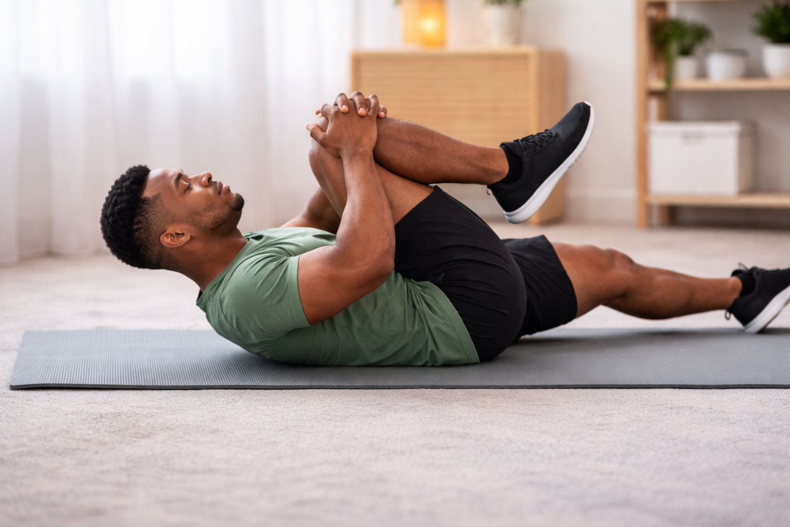 Knee-to-chest stretch to relieve lower back tension and muscle tightness
