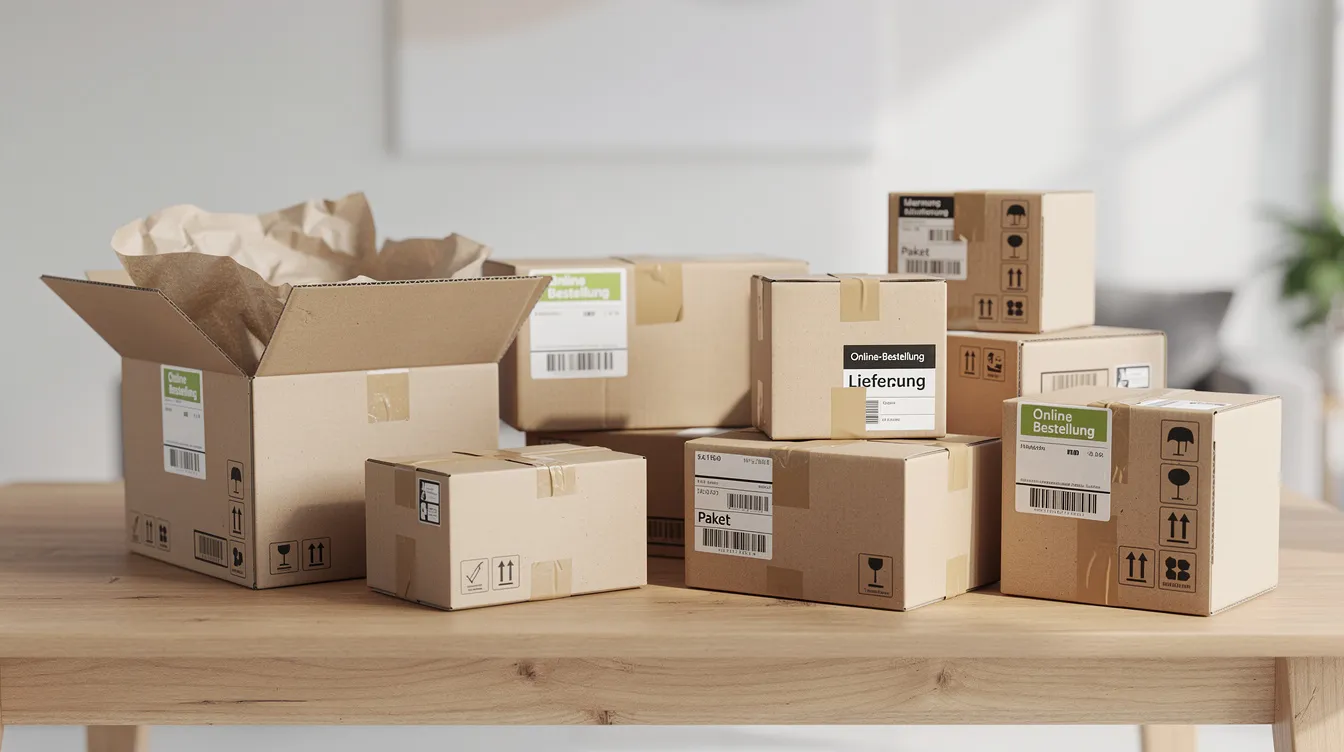 Auf dem Tisch liegen mehrere Pakete und Kartons, die symbolisch für Online-Bestellungen stehen, wie sie häufig über Plattformen wie Aliexpress getätigt werden. Die Szene vermittelt das Gefühl von Vorfreude auf neue Produkte und Einkaufserlebnisse.